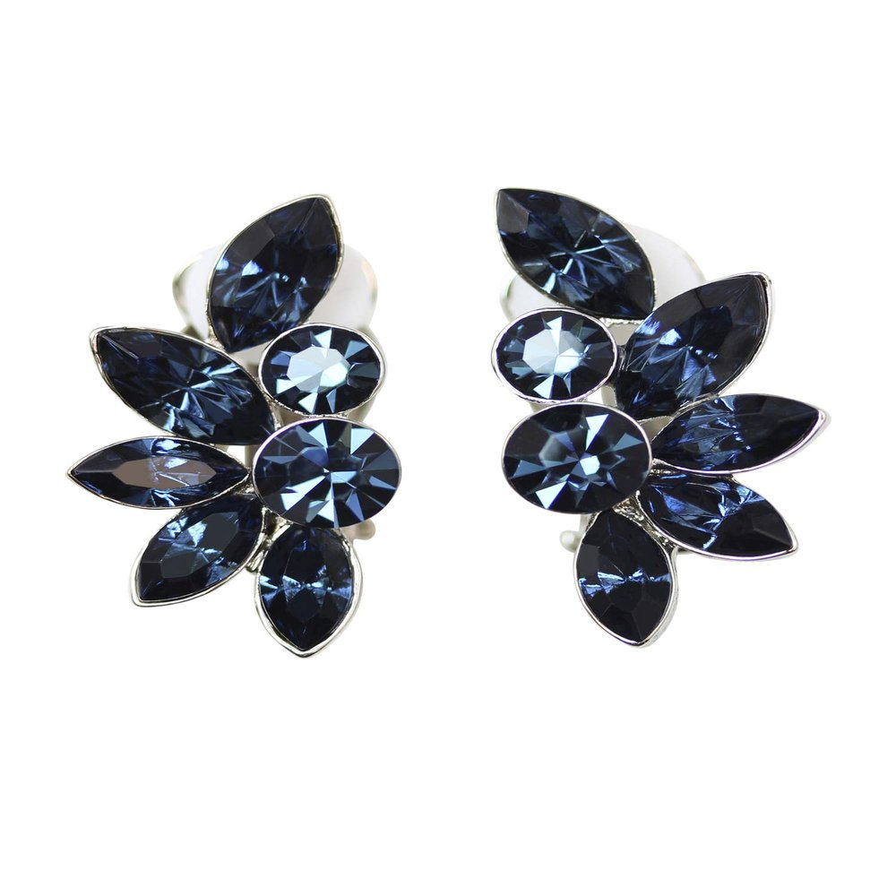 Faship Navy Blue Rhinestone Crystal Floral Clip On Style Earrings - Navy Blue