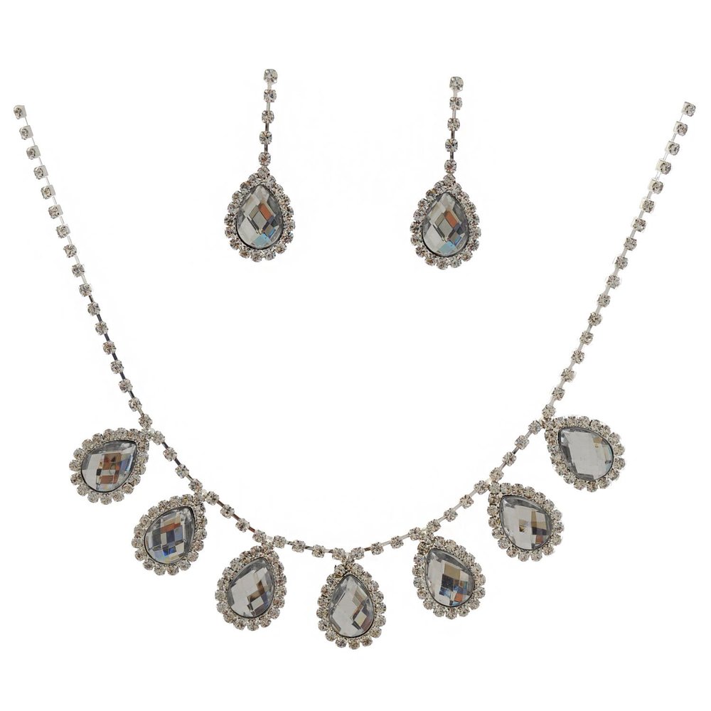 topwholesalejewel Fashion Jewelry Set Silver Crystal Teardrop Necklace Earrings Set