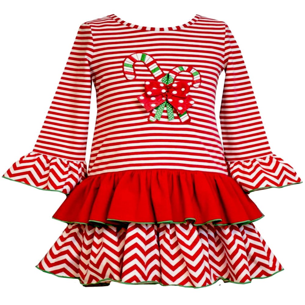 Bonnie Jean Toddler Girls Red/White Stripe Candy Cane Bell Sleeve Tier Dress, Red. 2T