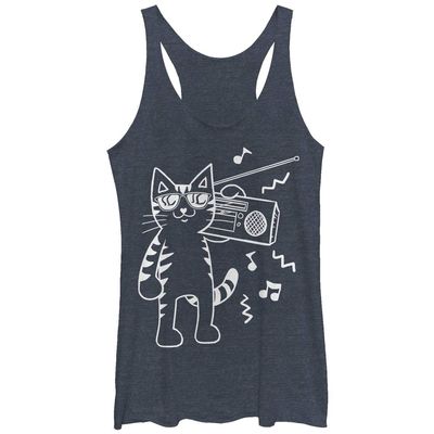 LOST GODS Women's Boombox Cat Cartoon Racerback Tank Top - Navy Blue Heather - Small