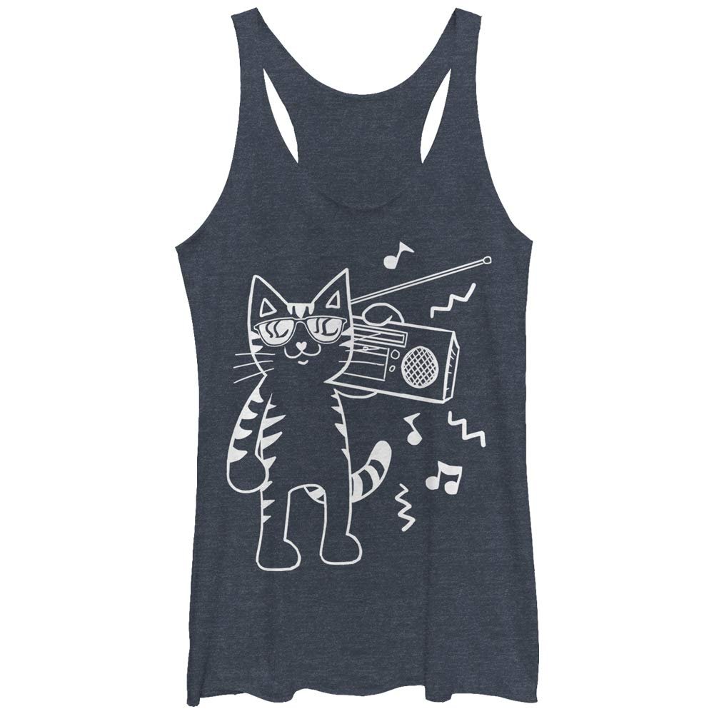 LOST GODS Women's Boombox Cat Cartoon Racerback Tank Top - Navy Blue Heather - Small