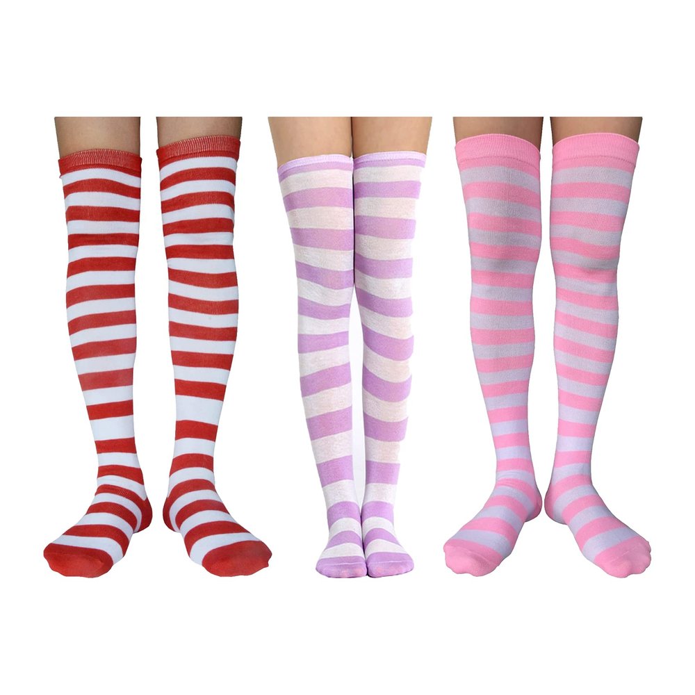 spomei Womens Thigh High Socks Striped Winter, Cotton Warm Over Knee Stockings Extra Long Leg Warmer for Cosplay & Goth LW-3 (Z2 - Set of 2 - Light Purple, Pink, Red and White Striped Socks)
