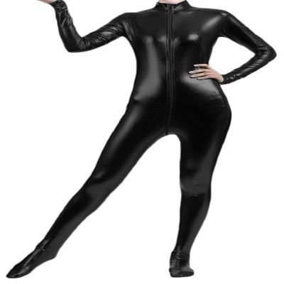 VSVO Shiny Metallic Unitard Bodysuit Catsuit (Medium, Black)