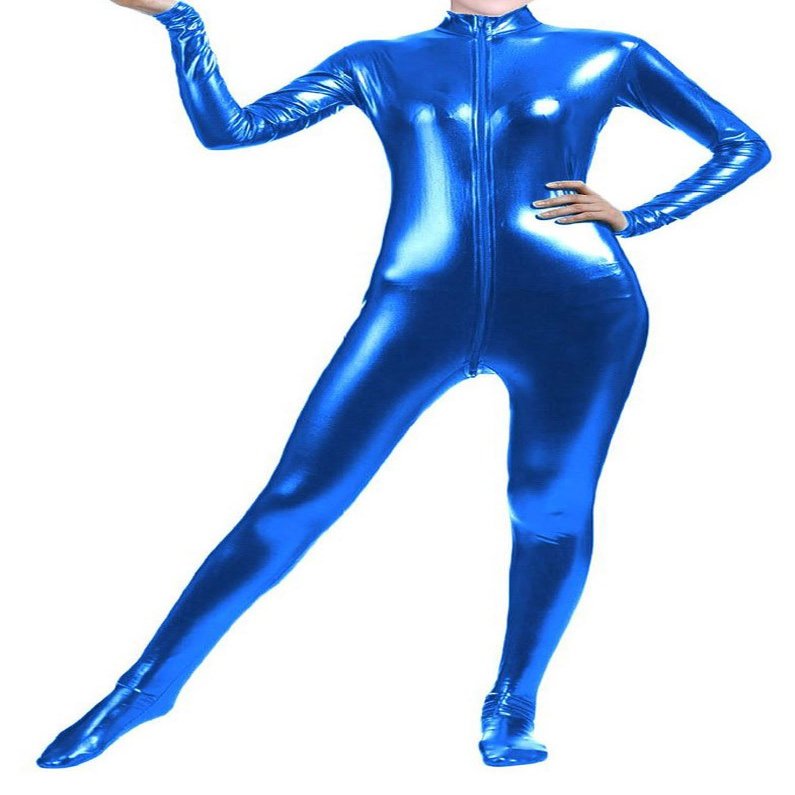 VSVO Shiny Metallic Unitard Bodysuit Catsuit (Medium, Blue)