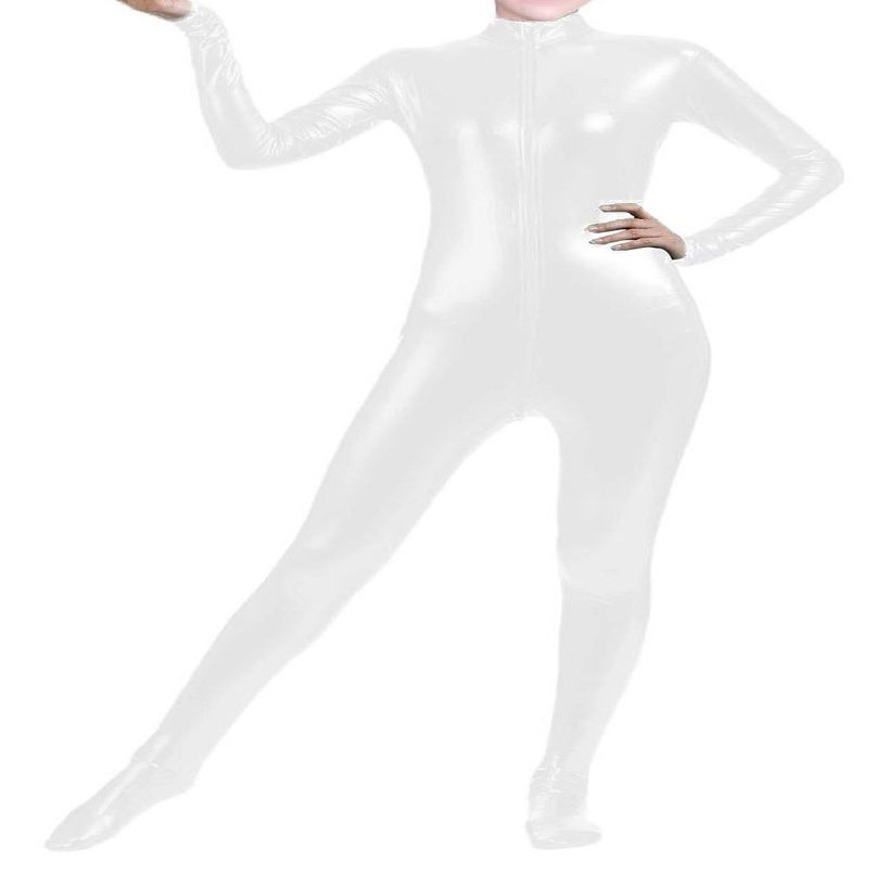 VSVO Shiny Metallic Unitard Bodysuit Catsuit (Kids Medium, White)