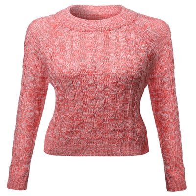 Awesome21 Crew Neck Cable Knit Sweater Coral White Size L