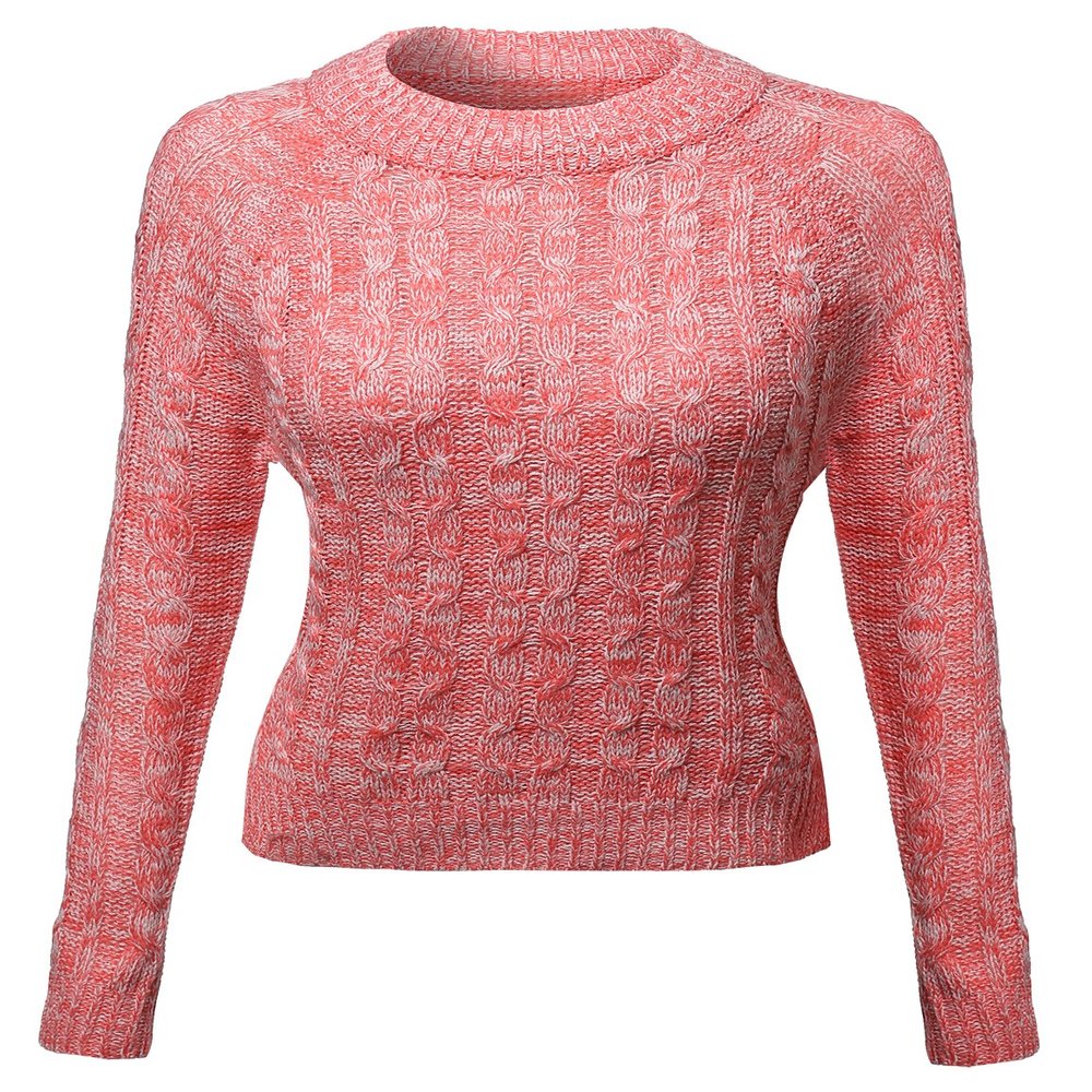 Awesome21 Crew Neck Cable Knit Sweater Coral White Size L
