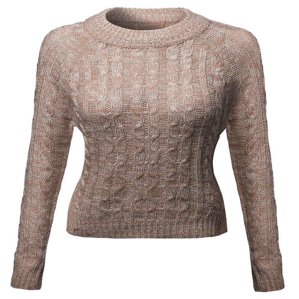 Awesome21 Crew Neck Cable Knit Sweater Taupe White Size L
