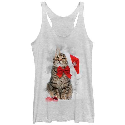 LOST GODS Women's Christmas Ornament Kitten Racerback Tank Top - White Heather - Large