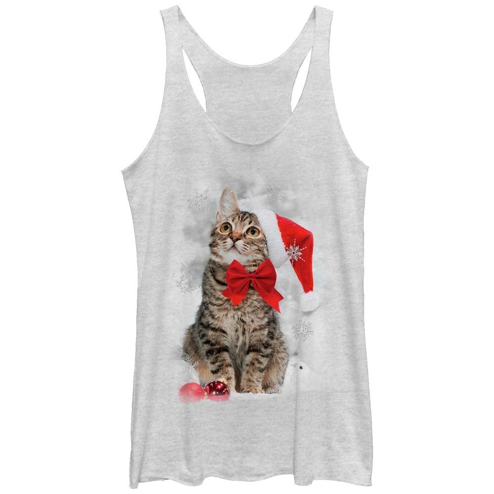 LOST GODS Women's Christmas Ornament Kitten Racerback Tank Top - White Heather - Large