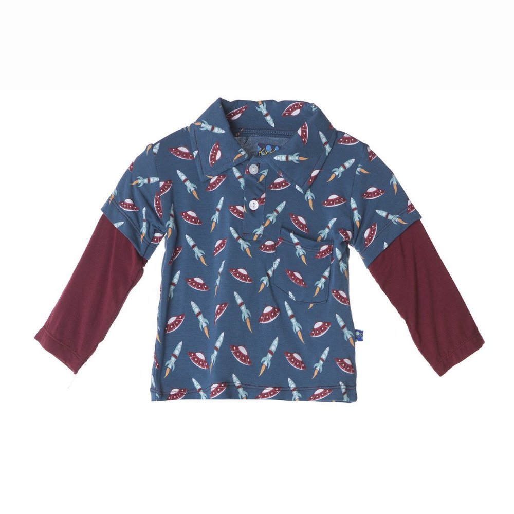 KicKee Pants Little-Boys Print Long Sleeve Double Layer Polo Shirts, Twilight Space Travel, 6-12 Months