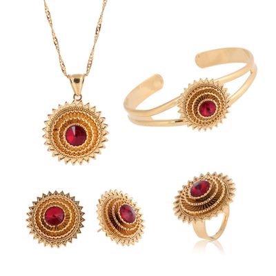 Cooper Plataed Ethiopian Jewelry 22k Gold Plated Pendant Chain Earring Ring Bangle African Wedding Stone Set (Red)