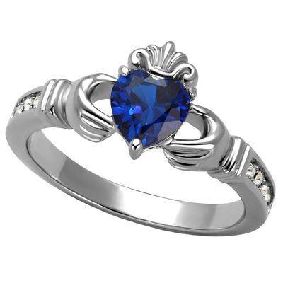 1000 Jewels Aine: 0.87ct Simulated Blue Sapphire & IOF CZ Dublin Claddagh Promise Ring 316 Steel, 3002A sz 7.0