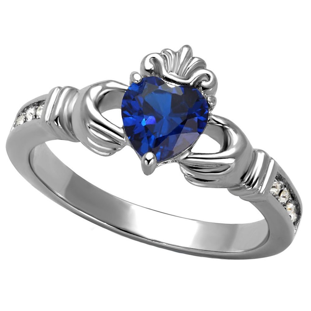 1000 Jewels Aine: 0.87ct Simulated Blue Sapphire & IOF CZ Dublin Claddagh Promise Ring 316 Steel, 3002A sz 7.0