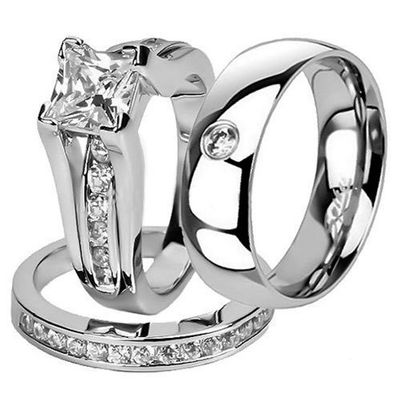 Marimor Jewelry Hers and His Stainless Steel Princess Wedding Ring Set and Zirconia Wedding Band Women's Size 10 Men's Size 08