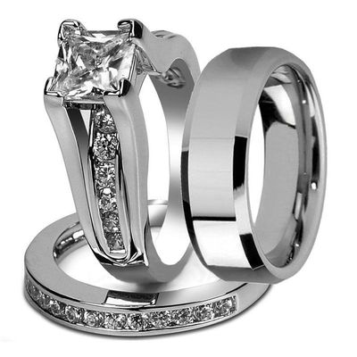 Marimor Jewelry His and Hers Stainless Steel Princess Wedding Ring Set and Beveled Edge Wedding Band Women's Size 09 Men's 06mm Size 11