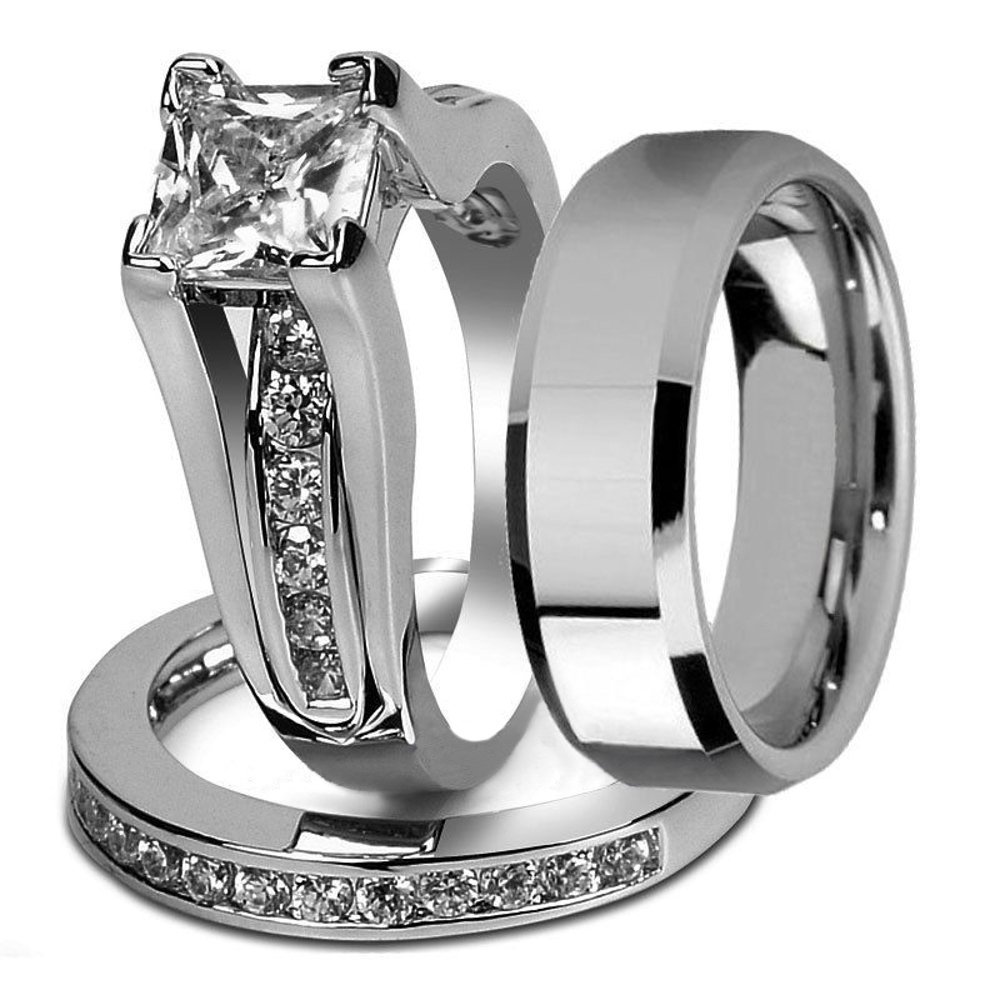 Marimor Jewelry His and Hers Stainless Steel Princess Wedding Ring Set and Beveled Edge Wedding Band Women's Size 09 Men's 06mm Size 11
