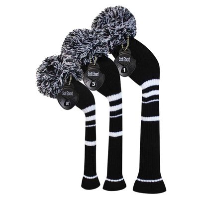 Scott Edward Black Color White Stripes Golf Pom Pom Head Covers Set of 3 for Wood Clubs, Rotating Number Tags