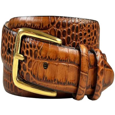 Andrea Women's Dress Belt Solid Brass Buckle (Gold) Italian Calfskin Genuine Leather Dress Belt 1-1/8"(30mm) Wide (Alligator Tan, 42)