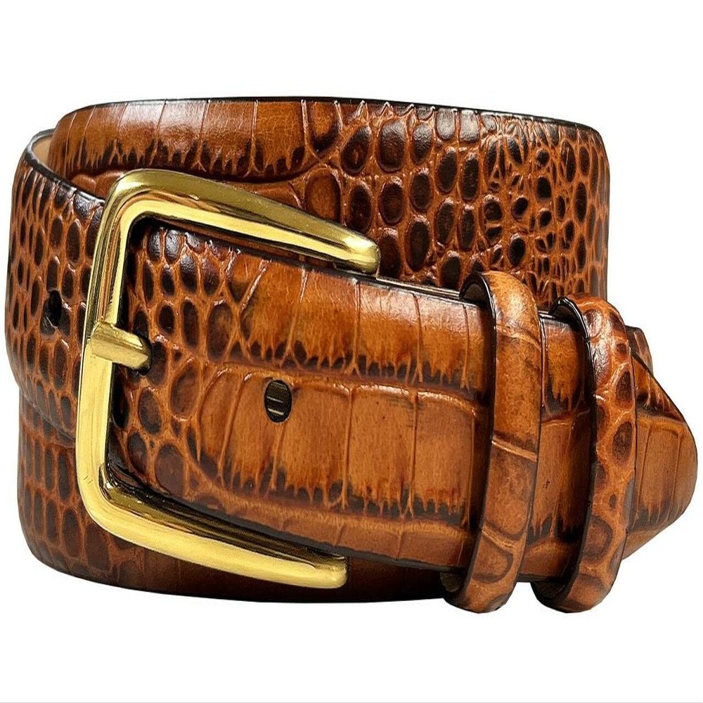 Andrea Women's Dress Belt Solid Brass Buckle (Gold) Italian Calfskin Genuine Leather Dress Belt 1-1/8"(30mm) Wide (Alligator Tan, 42)
