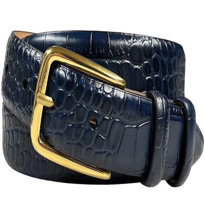 Andrea Women's Dress Belt Solid Brass Buckle (Gold) Italian Calfskin Genuine Leather Dress Belt 1-1/8"(30mm) Wide (Alligator Navy, 46)