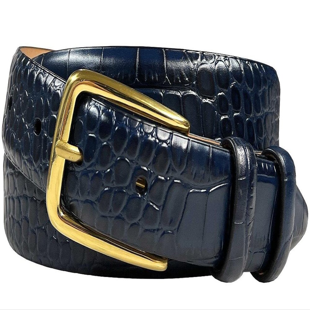 Andrea Women's Dress Belt Solid Brass Buckle (Gold) Italian Calfskin Genuine Leather Dress Belt 1-1/8"(30mm) Wide (Alligator Navy, 46)