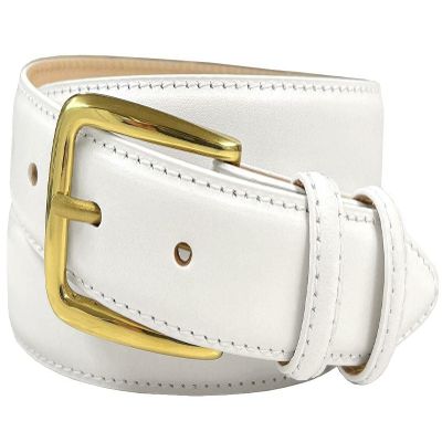 Andrea Women's Dress Belt Solid Brass Buckle (Gold) Italian Calfskin Genuine Leather Dress Belt 1-1/8"(30mm) Wide (Smooth White, 50)