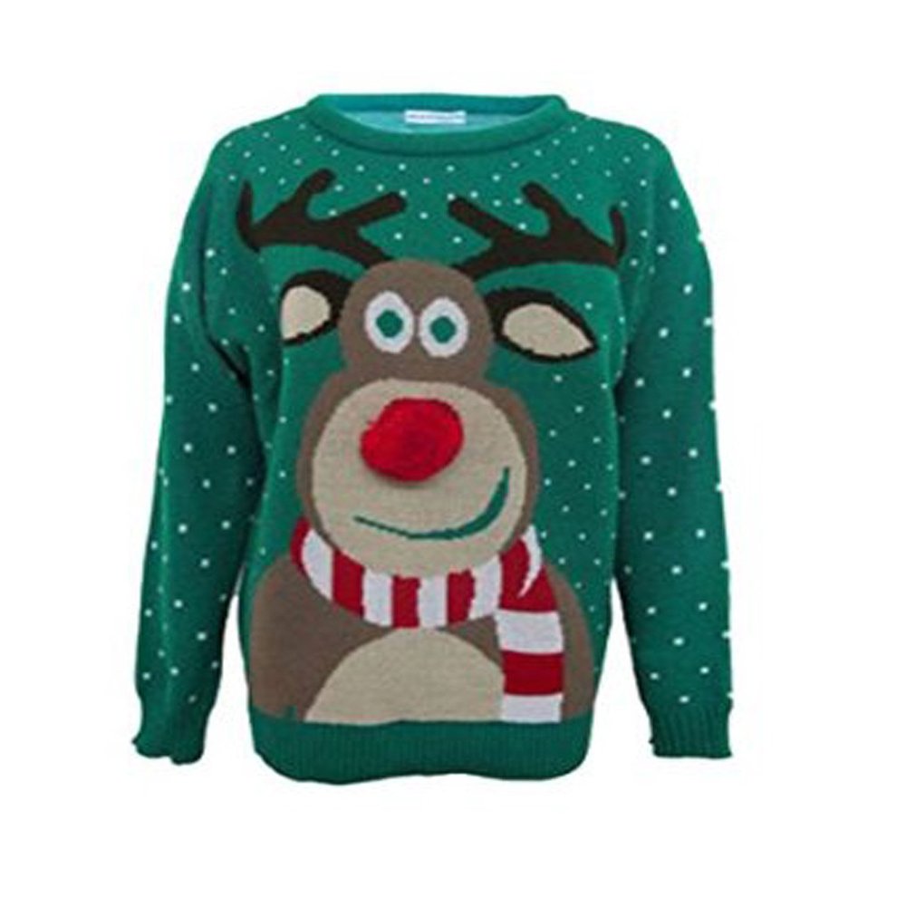 GirlsWalk Unisex Girls Kids Rudolph Print Pom Pom 3D Nose Christmas Jumper Green