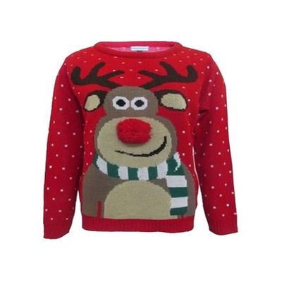 GirlsWalk Unisex Girls Kids Rudolph Print Pom Pom 3D Nose Christmas Jumper Red