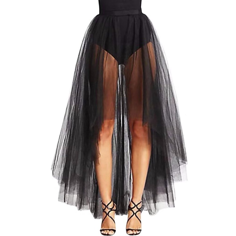 WDPL Women's Maxi High Low A-line Layers Tulle Sheer Evening Skirt (Black, X-Large)
