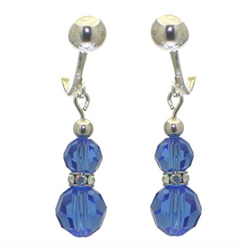 AMUNET silver plated sapphire blue crystal clip on earrings