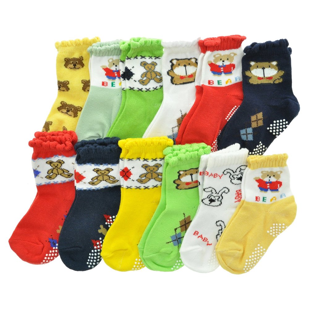 Angelina Swan 12 Pairs Cotton Baby Socks with Non-Skid Bottom #0319_12-24 Boy