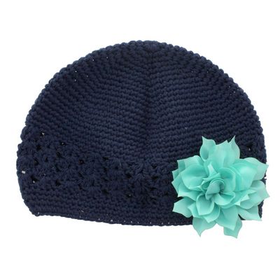My Lello Infant Baby Girl's Crochet Beanie Hat with Flower Navy/Aqua