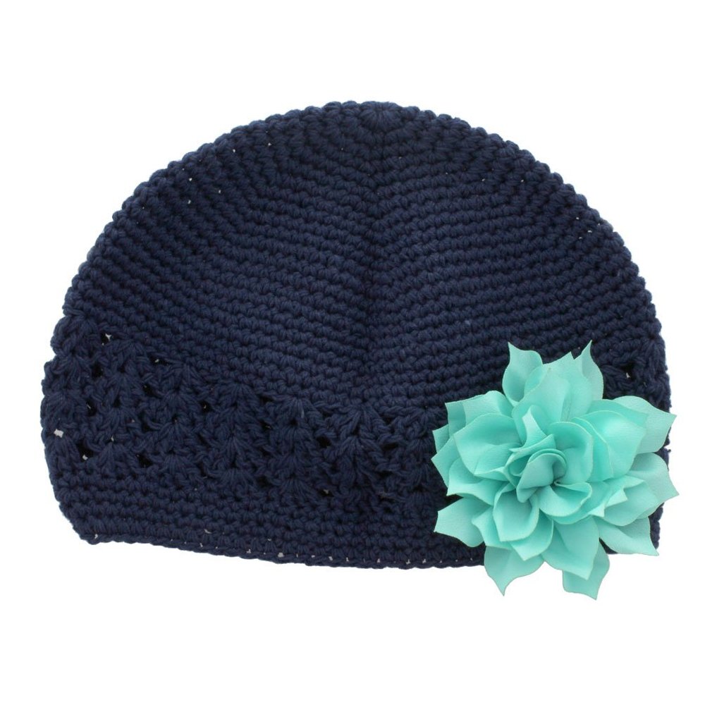 My Lello Infant Baby Girl's Crochet Beanie Hat with Flower Navy/Aqua