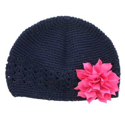 My Lello Infant Baby Girl's Crochet Beanie Hat with Flower Navy/Hot Pink