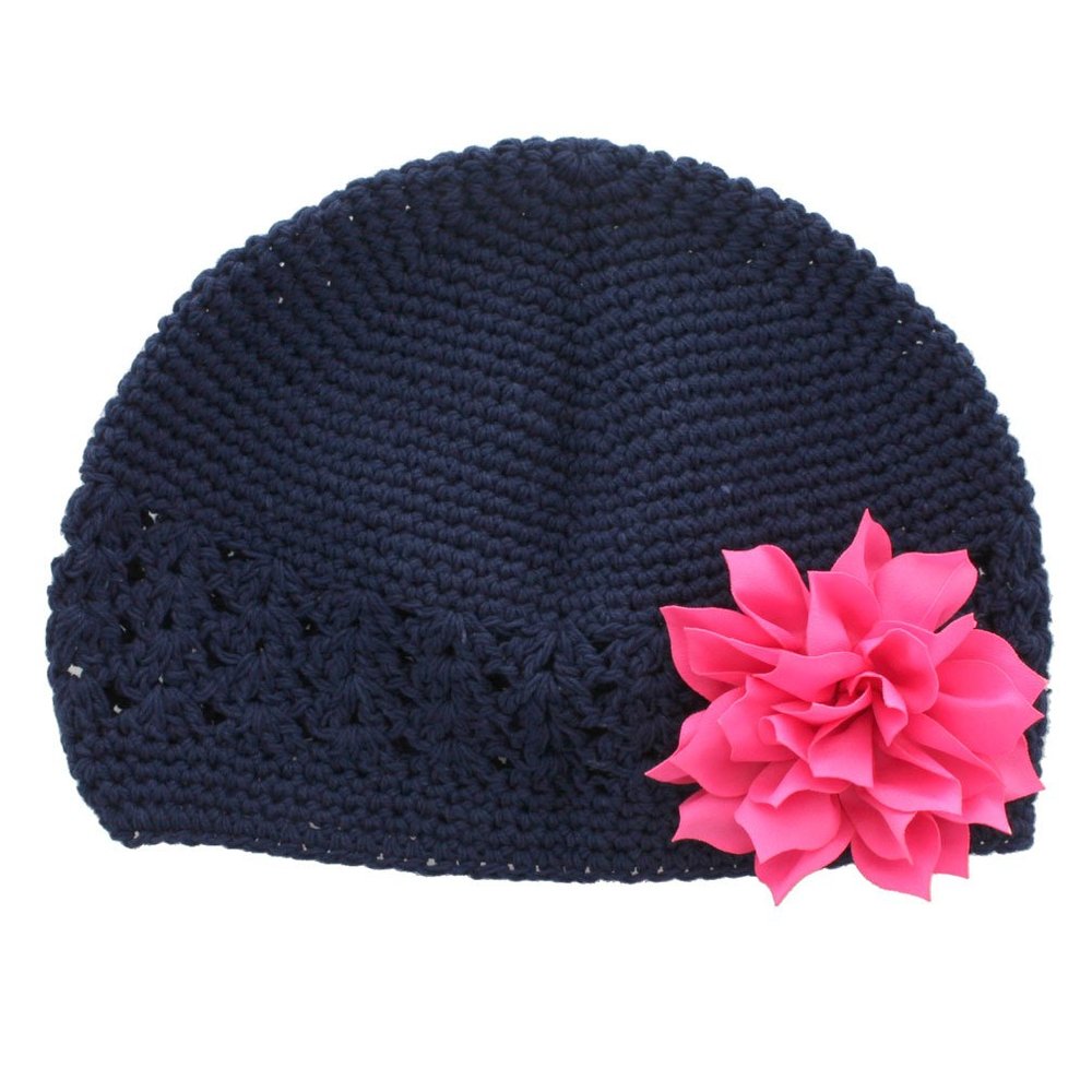 My Lello Infant Baby Girl's Crochet Beanie Hat with Flower Navy/Hot Pink