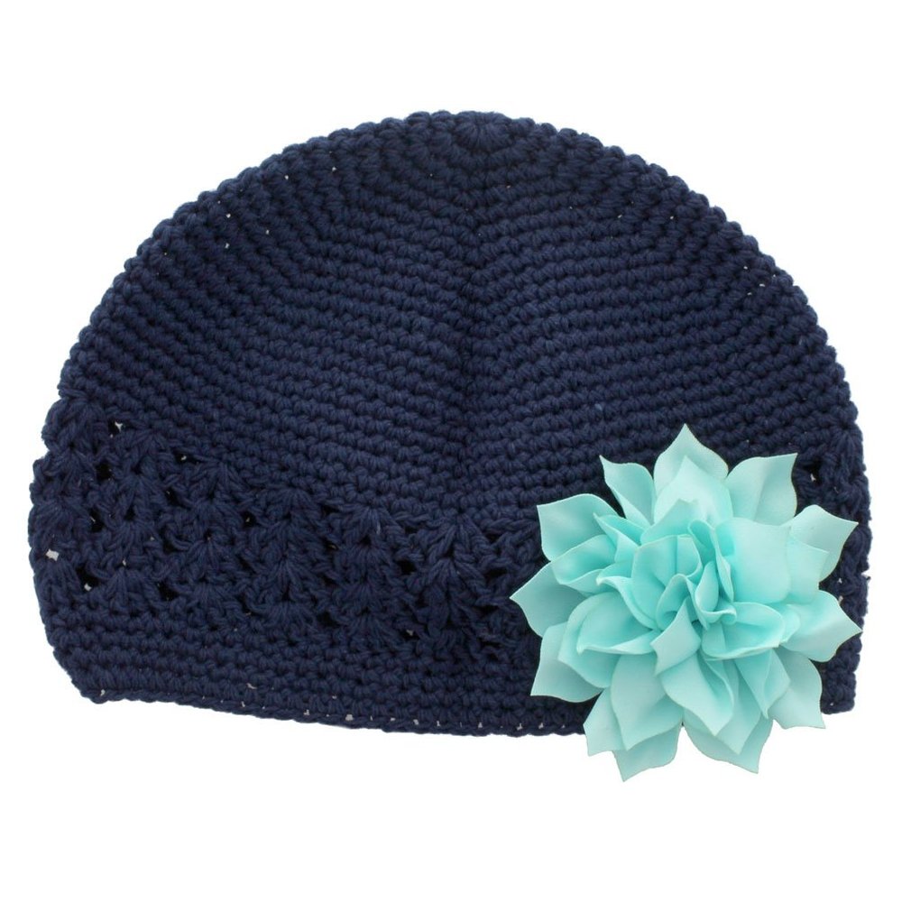My Lello Infant Baby Girl's Crochet Beanie Hat with Flower Navy/Light Blue