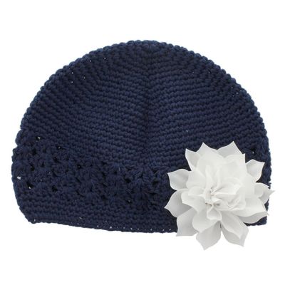 My Lello Infant Baby Girl's Crochet Beanie Hat with Flower Navy/White