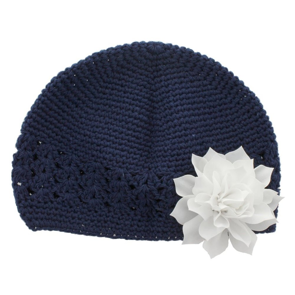 My Lello Infant Baby Girl's Crochet Beanie Hat with Flower Navy/White