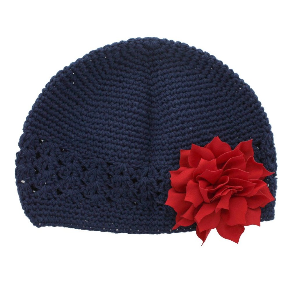 My Lello Infant Baby Girl's Crochet Beanie Hat with Flower Navy/Red