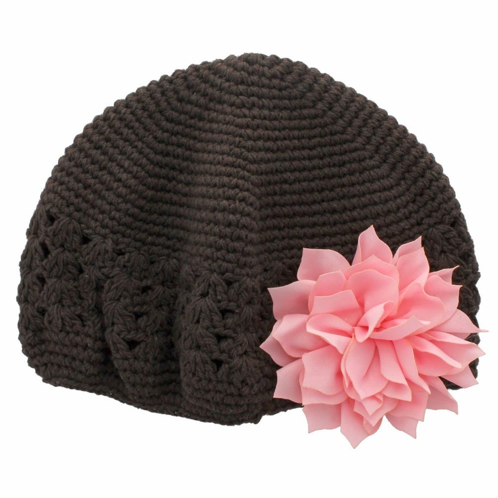 My Lello Infant Baby Girl's Crochet Beanie Hat with Flower Brown/Light Pink