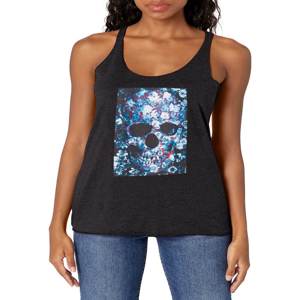 LOST GODS Women's Flower Skull Racerback Tank Top - Black Heather - Small