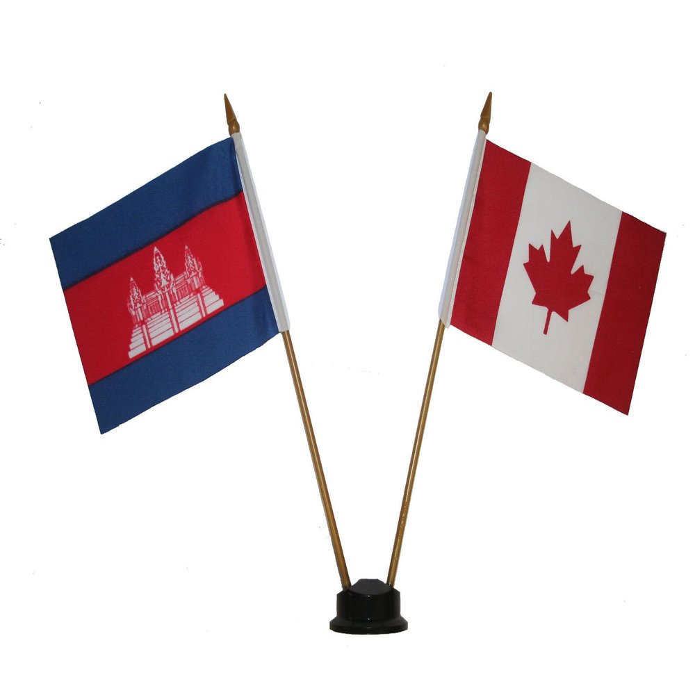 CAMBODIA & CANADA Small 4 X 6 Inch Mini Double Country Stick Flag Banner with BLACK STAND on a 10 Inch Plastic Pole New
