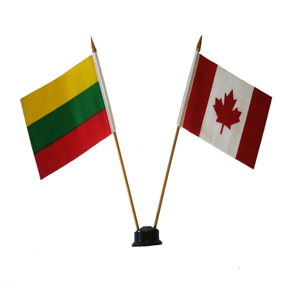LITHUANIA & CANADA Small 4 X 6 Inch Mini Double Country Stick Flag Banner with BLACK STAND on a 10 Inch Plastic Pole New