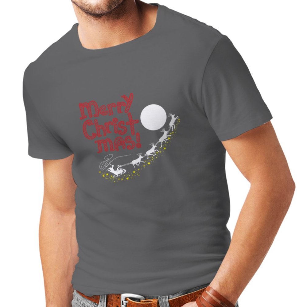 lepni.me Mens T-shirt Santa Claus and the Reindeers, Xmas Outfits and Gifts (X-Large Graphite Multi Color)