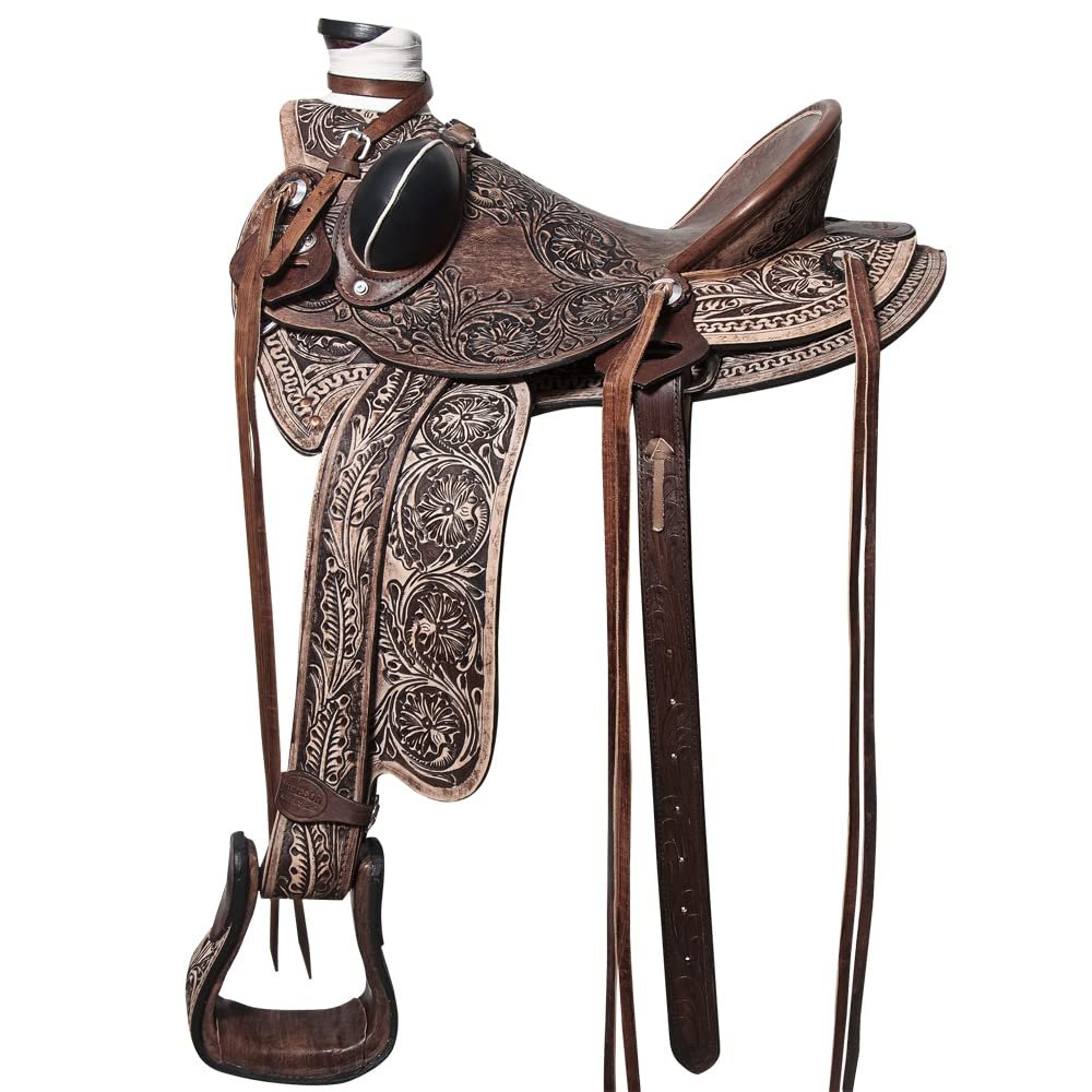 HILASON Antique Dark Brown 15 in Western Horse Wade Saddle American Leather Ranch Roping | Hand Tooled
