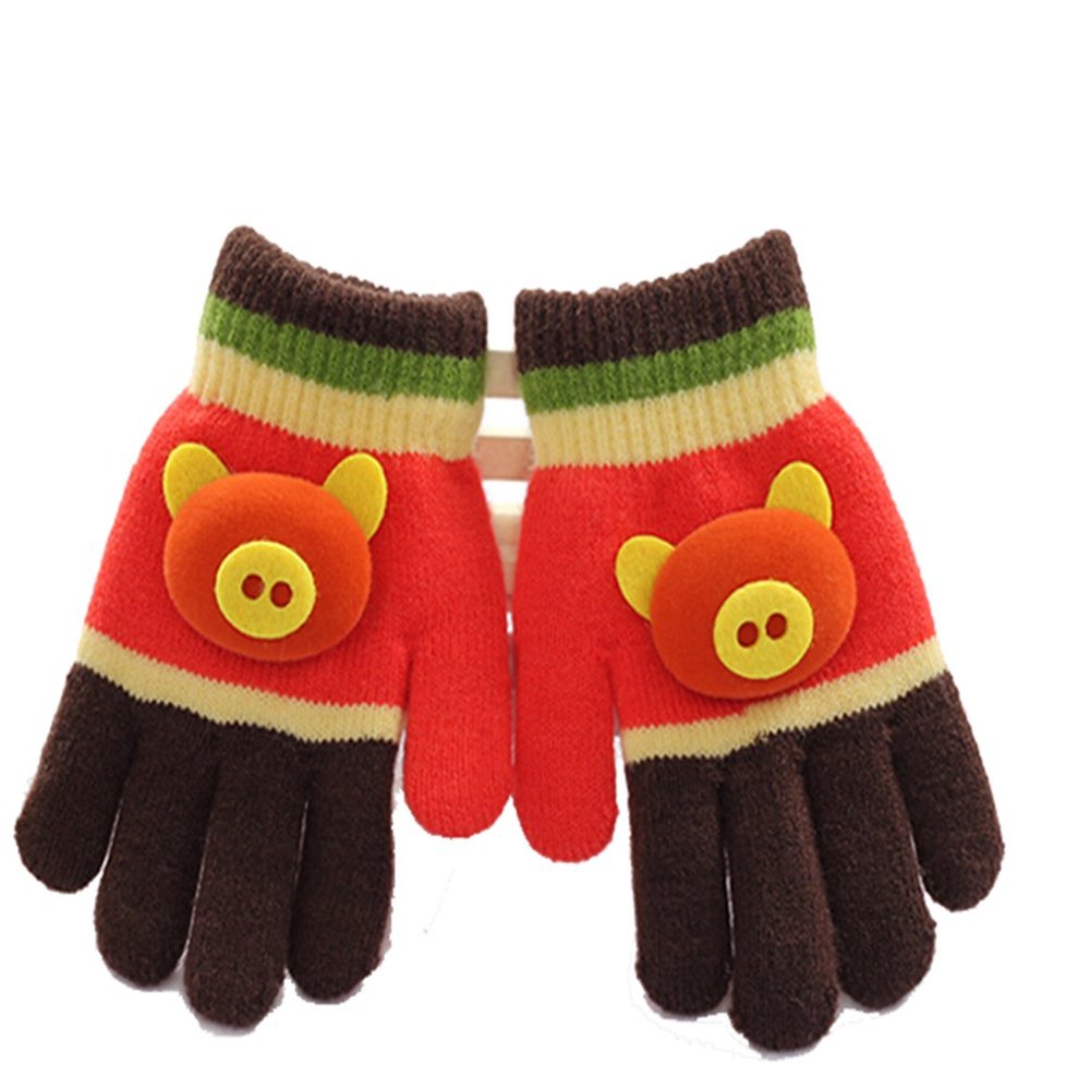 Km Unisex Kids Cute Pig Warmth Full Finger Knitting Gloves (Coffee)