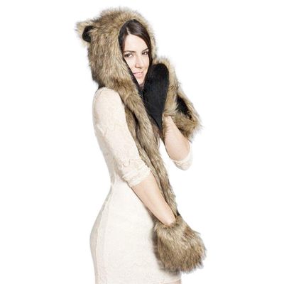 FakeFace Cute Plush Hood Animal Hat with Mitten Gloves Scarf Hood Gloves Wolf