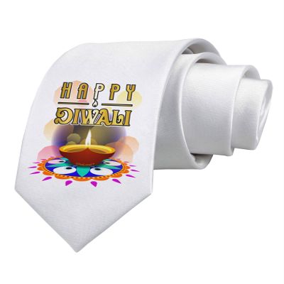 TOOLOUD Happy Diwali - Rangoli and Diya Printed White Neck Tie