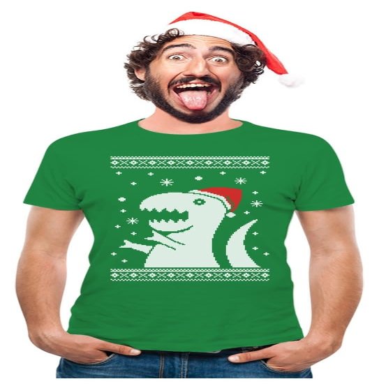 Tstars Trex Santa Ugly Christmas Shirt Men Dinosaur Holiday Xmas Shirts for Men Large Green